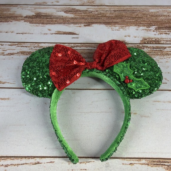 Disney Other - Disney Parks Christmas Green Holly Berry Sequined Mickey Ears Exclusive – Used